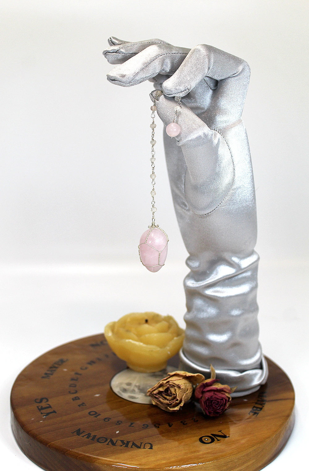 Wrapped Rose Quartz egg Pendulum with handmade bead chain - Spring Equinox